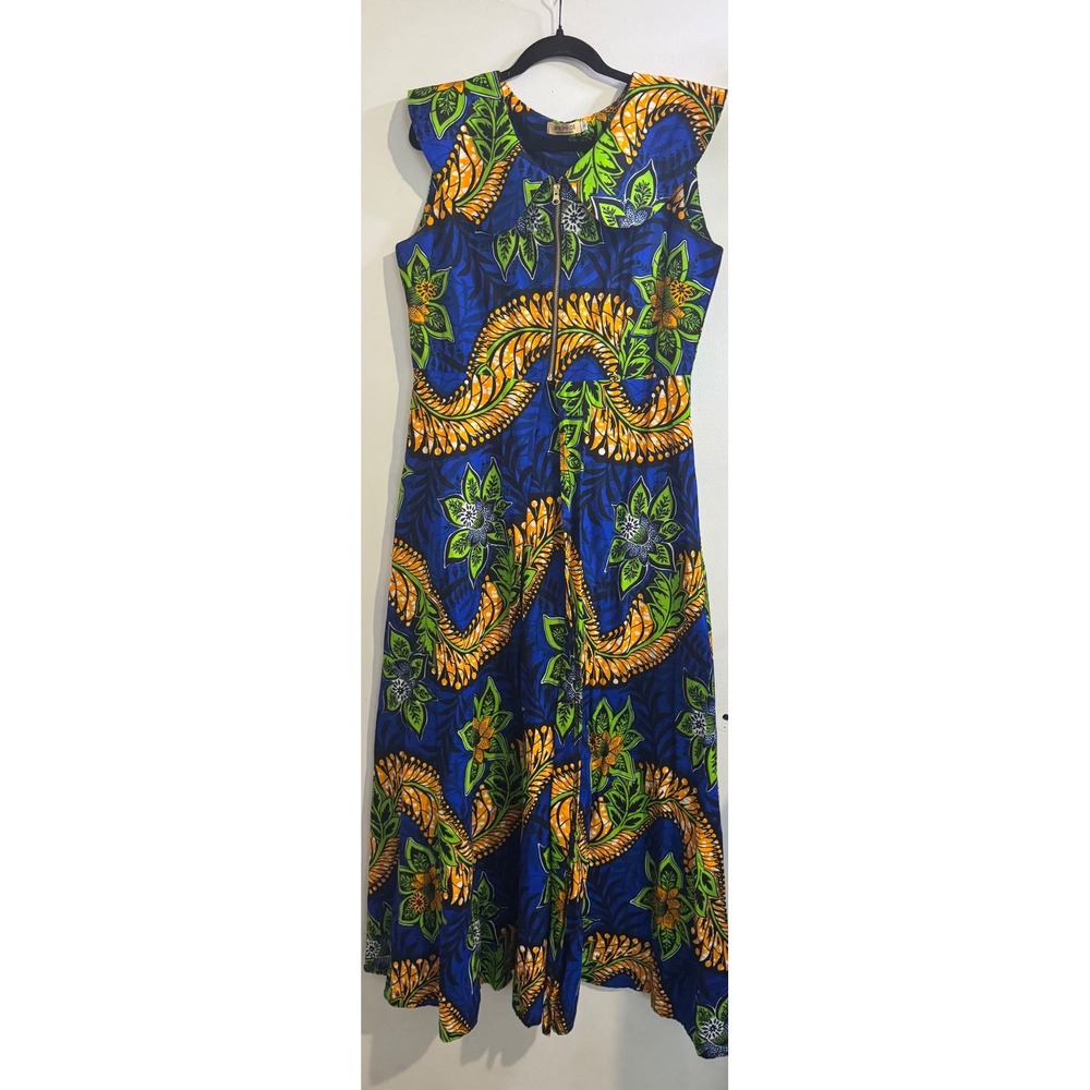 AfriPride Ankara African Print Open Skirt Maxi Dress Blue Floral XL Pockets